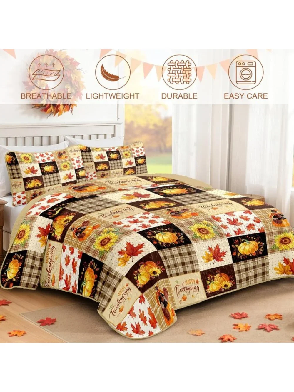 Cozy Fall Patchwork King Quilt Set, 3-Piece Thanksgiving Bedding, Brown Tones